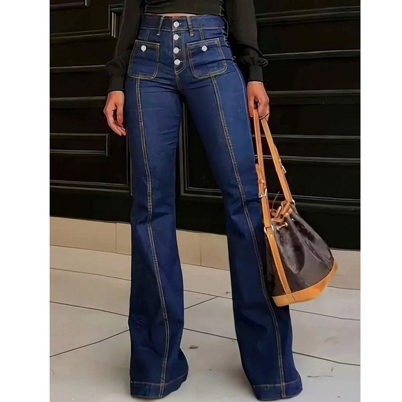 Black High waisted Button Fly Flared Leg Denim Jeans Pants - Picture 7 of 11